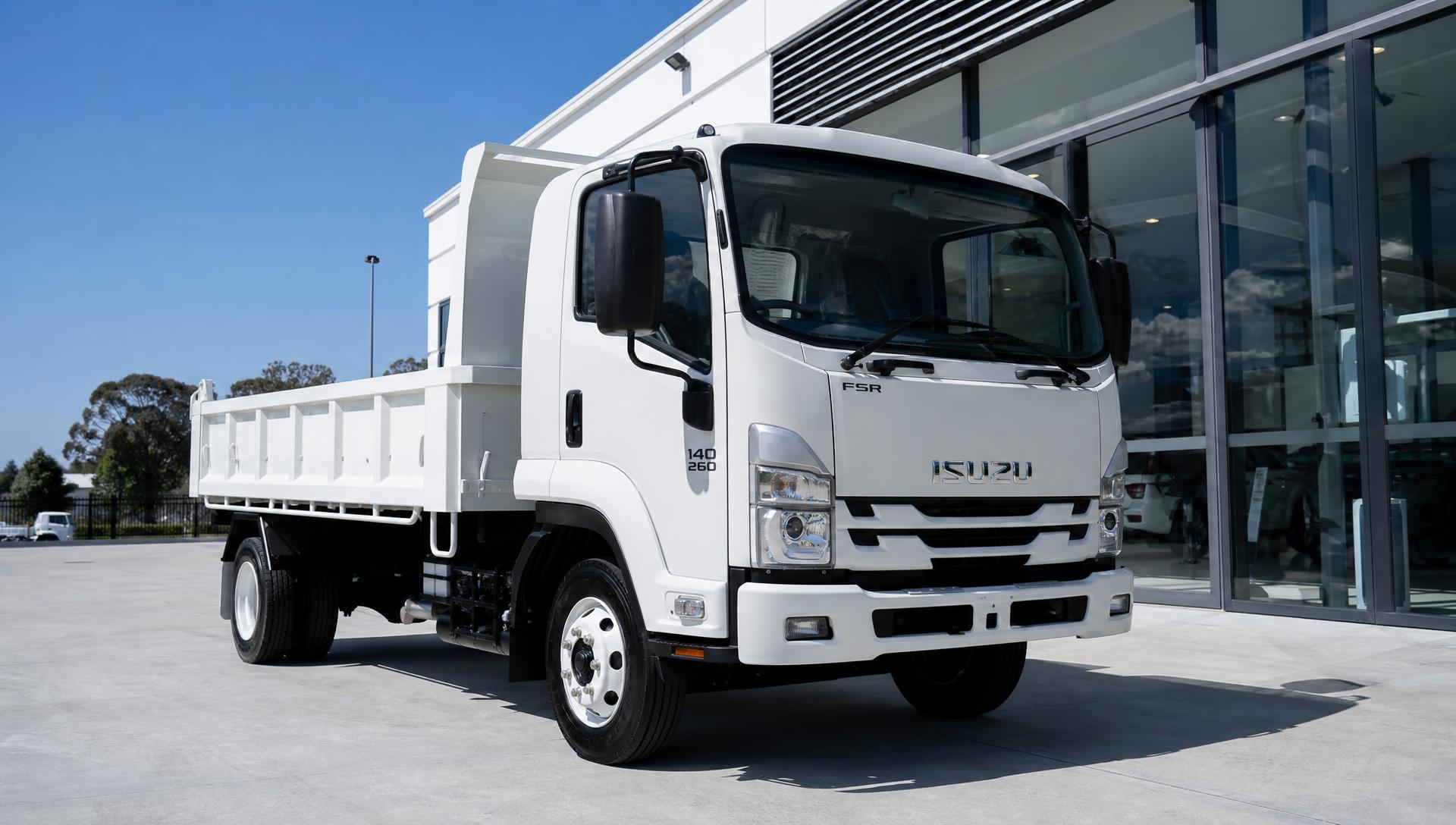 Isuzu FSR tipper truck and commercial vehicles ready for sale on a dealership forecourt